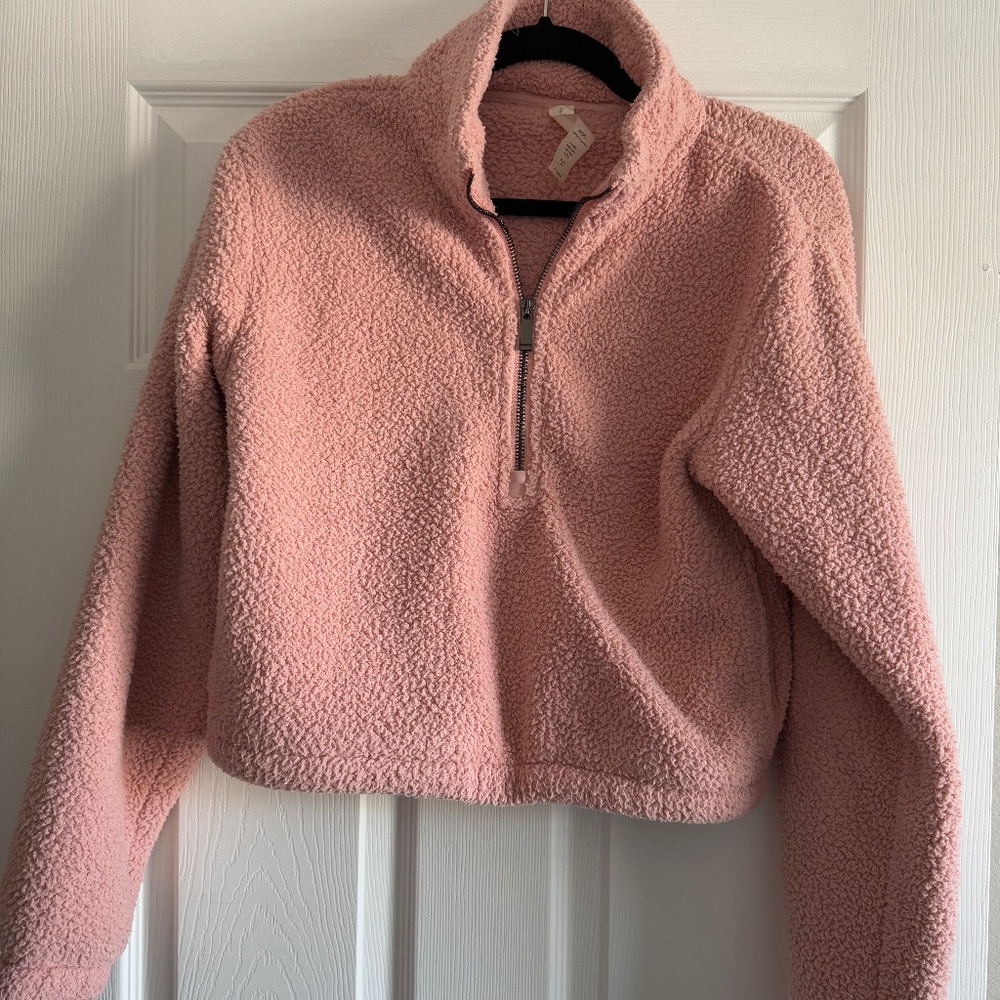 DYI Tranquil Cropped Sherpa Half Zip Blush Pink Teddy Fleece Pullover Barre